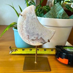 Pink amethyst crystal crescent moon with stand